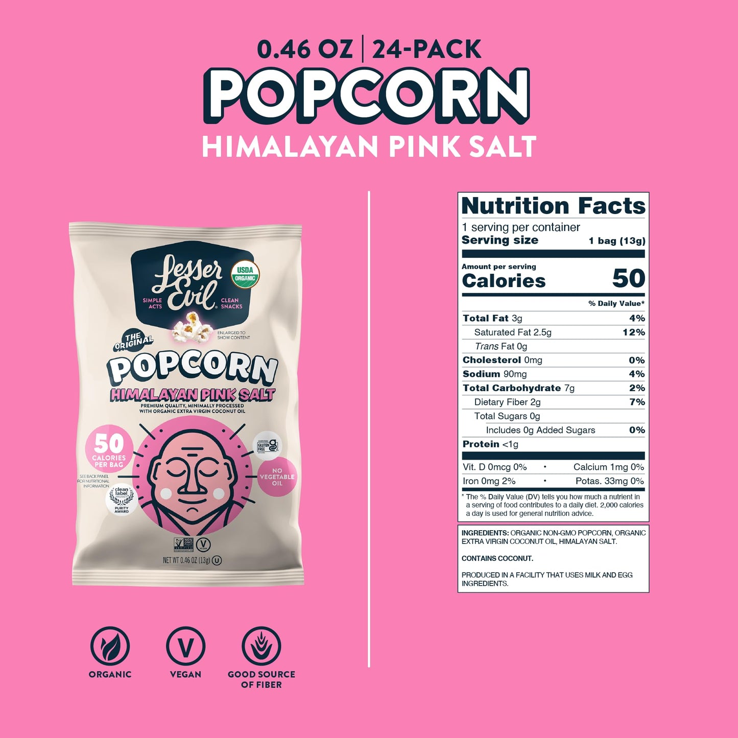 Lesserevil Organic Popcorn, Himalayan Pink Salt, 0.46 Oz, Pack of 24, Premium Quality, Minimally Processed