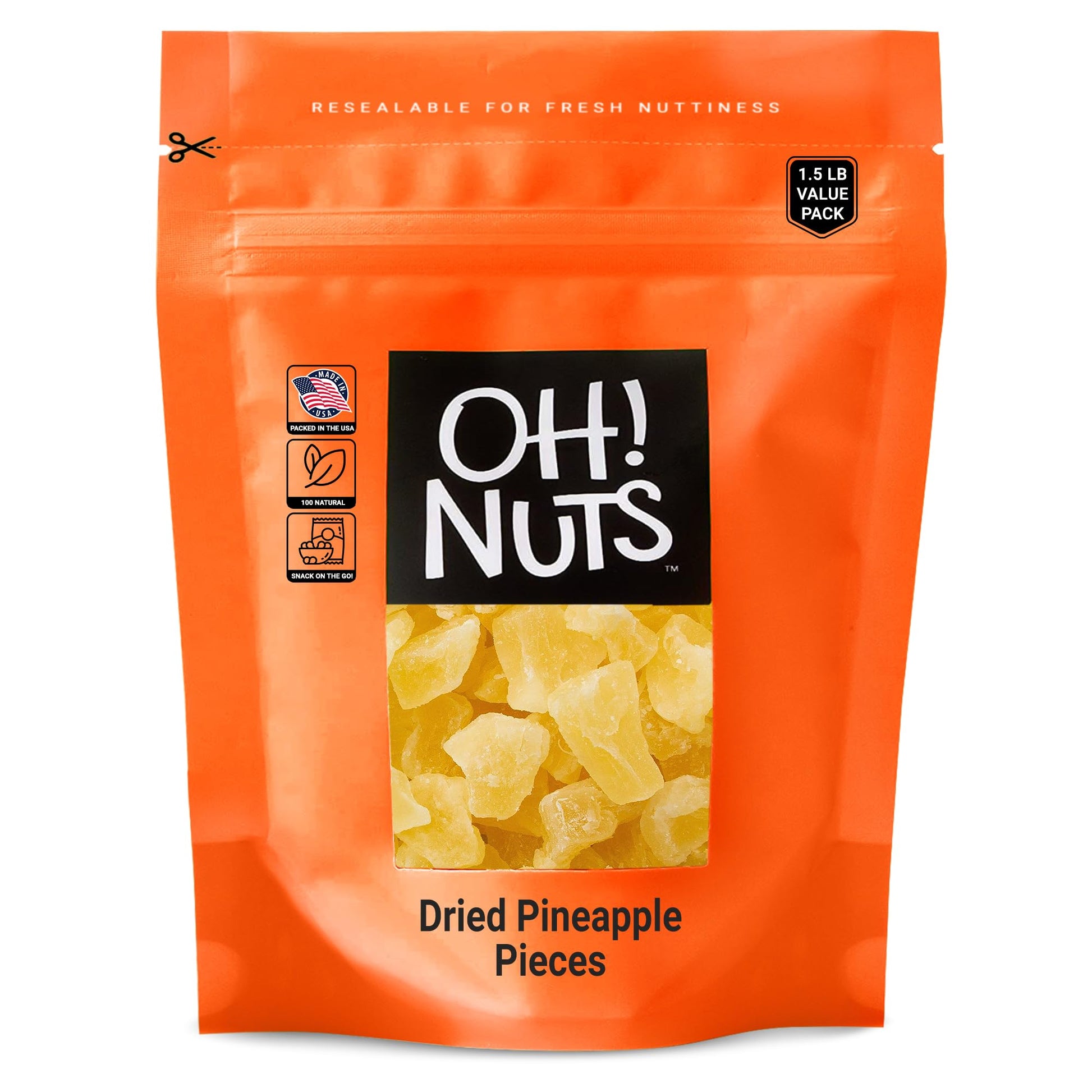 Dried Pineapple | 1.5 Lb - Dried Fruit Chunks | Less Sugar Added | Dehydrated Fruit Bites | Packed In New York Zip-Seal Bag For Exceptional Freshness By Oh Nuts