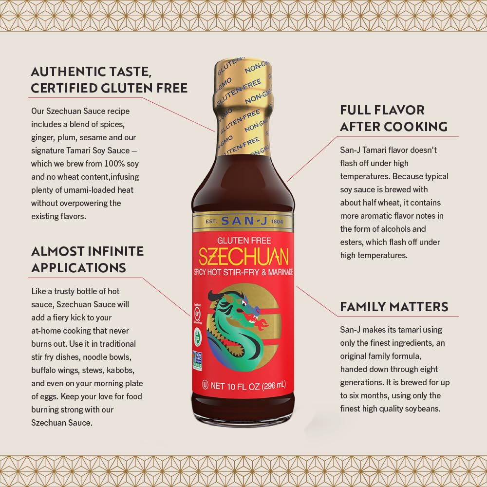 San-J Gluten Free Szechuan Cooking Sauce - Szechuan Sauce, Szechuan Dipping Sauce, Hot & Spicy Marinade & Stir Fry Sauce, Kosher