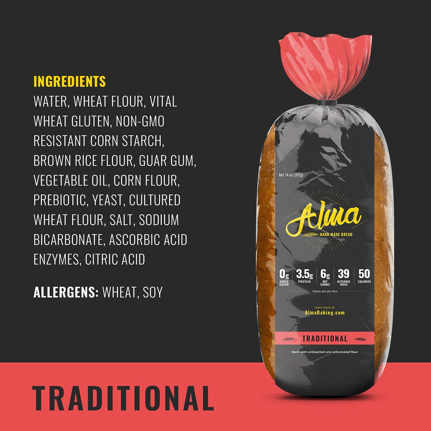 Alma Baking Bread - Low Carb, Low Glycemic, Keto Friendly, Low Calorie, Sugar Free - Sliced Loaf Sandwich Bread (Traditional, 14