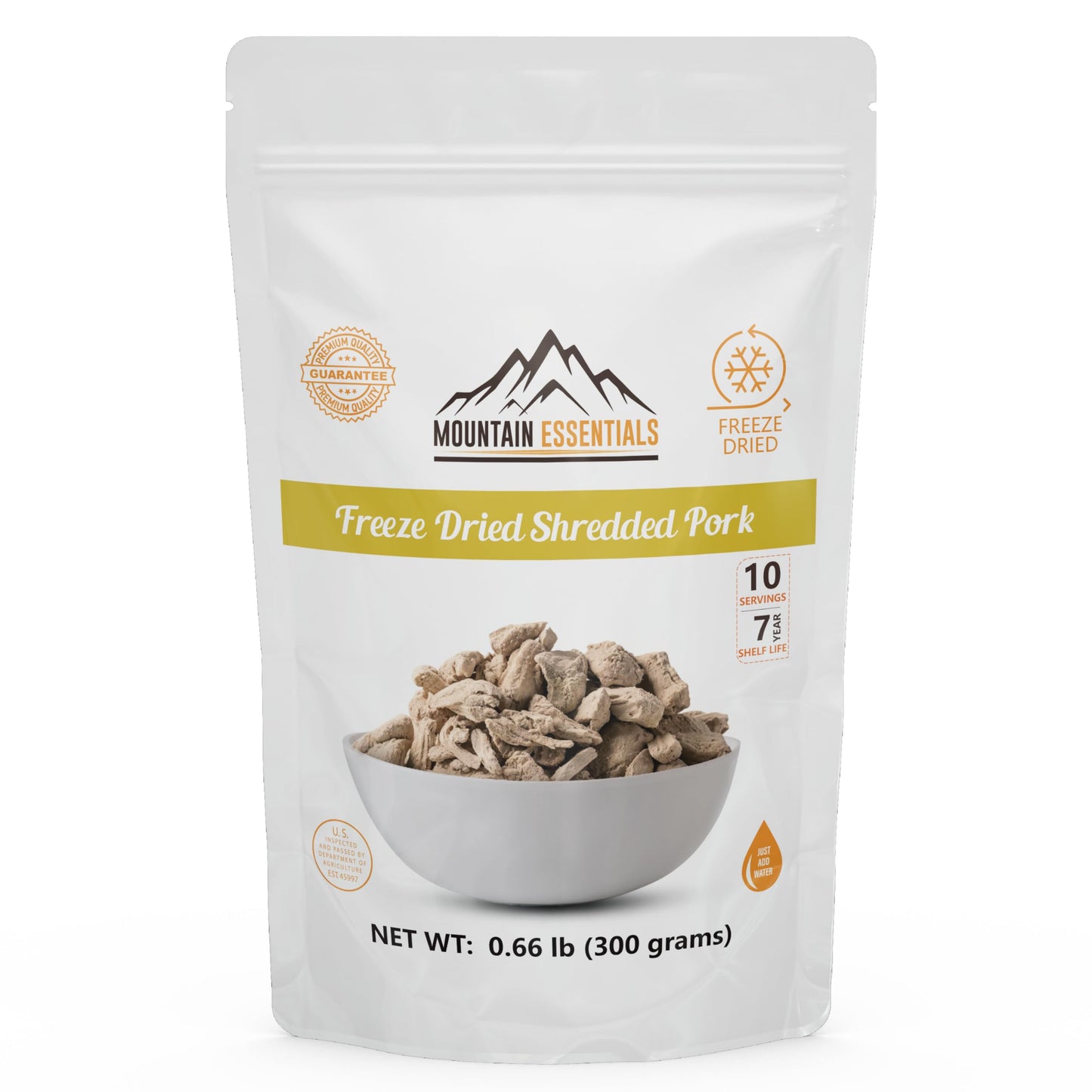 Mountain Essentials Freeze-Dried Shredded Pork – Fully Cooked, Ready-To-Eat Meat | 10 Servings Per Pouch | 7-Year Shelf Life | Ideal For Daily Meals, Camping, Emergency Preparedness & Survival | Made In Usa | Pack Of 1