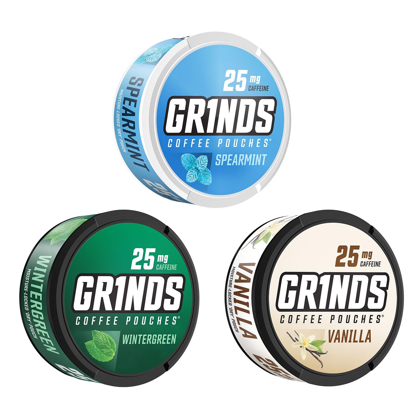 GRINDS Coffee Pouches Sampler - 3 Can Pack, Wintergreen, Spearmint, Vanilla, 1 Pouch = 1/4 Cup Coffee