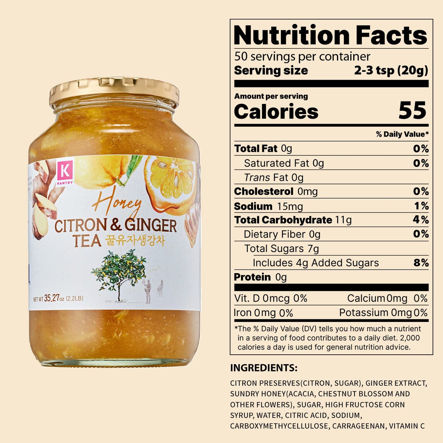 KPANTRY Honey Citron & Ginger Tea - Korean Marmalade with Chemical-free and Fresh Yuzu Citron 35.27 oz 2 Pack - Ginger, and Sund