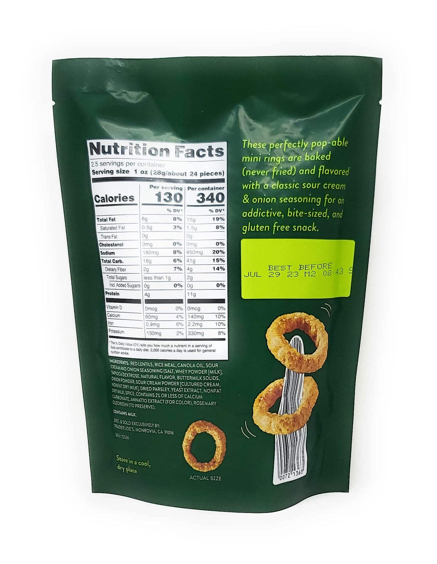 Sour Cream & Onion Flavored Rings, Lentil & Rice Snacks, Gluten Free Net Wt. 2.5 Oz (71G) - Pack Of 3