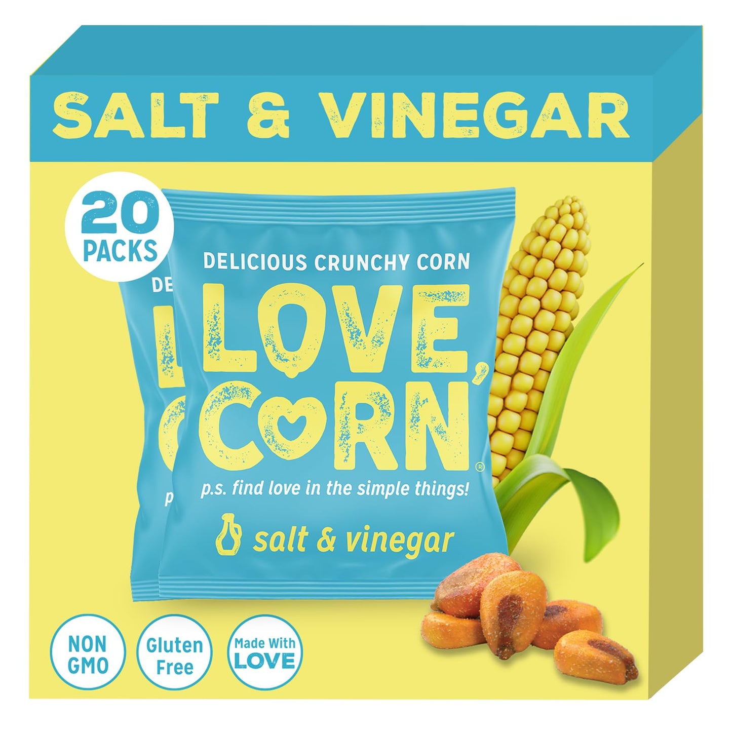 Love Corn Salt & Vinegar Crunchy Corn Snacks - Gluten Free, Kosher, Non-GMO - 0.7oz (Pack of 20)