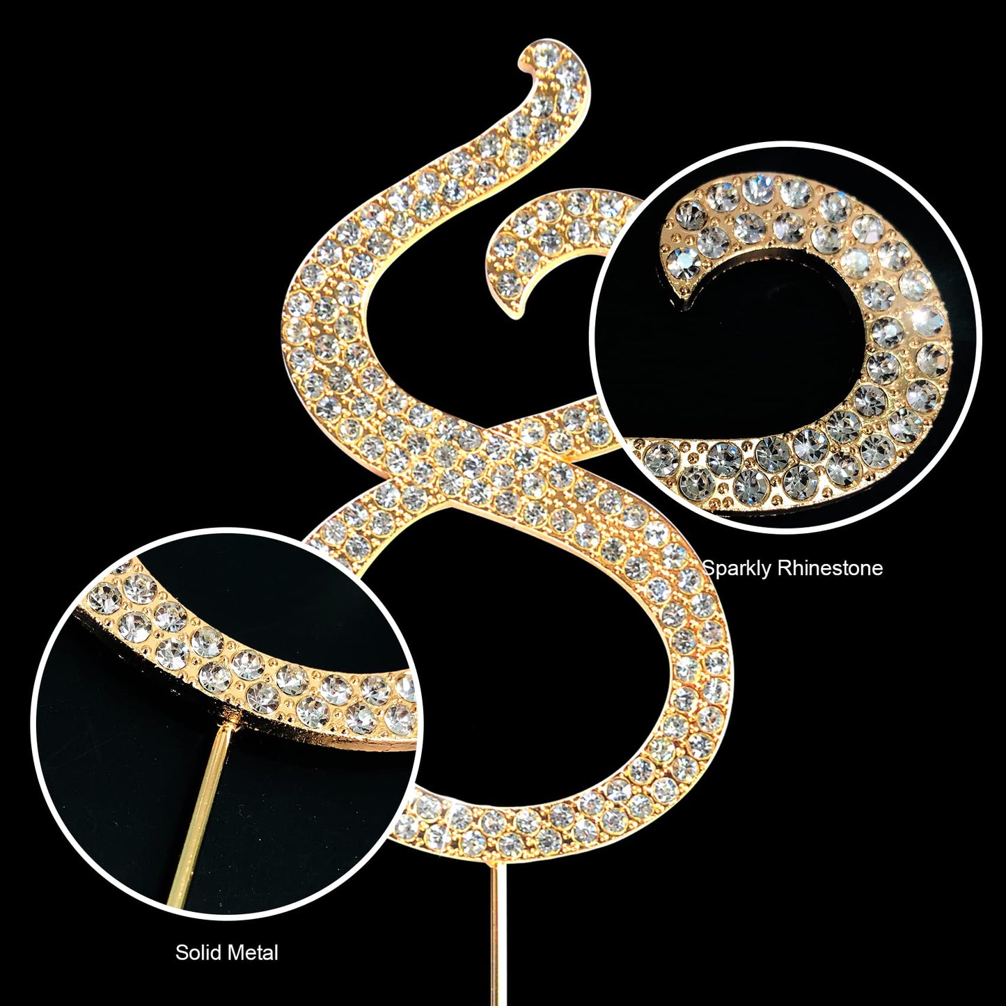 Number Cake Topper 8, Uniideco Gold Rhinestone Premium Metal Bling Bling Cake Decor, Sparkly Happy Birthday Wedding Anniversary
