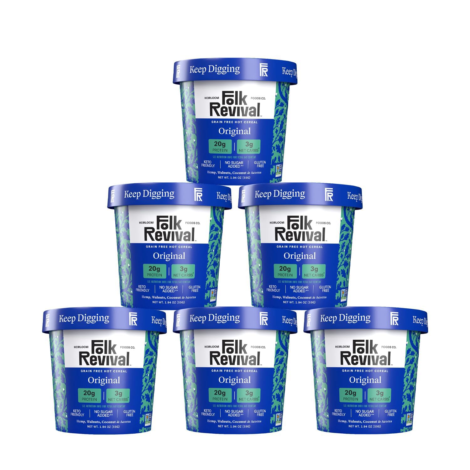 Folk Revival Keto Instant Oatmeal - 20g Protein, 3g Net Carbs, Gluten Free, 6 Cups, 1.94 oz per Pack