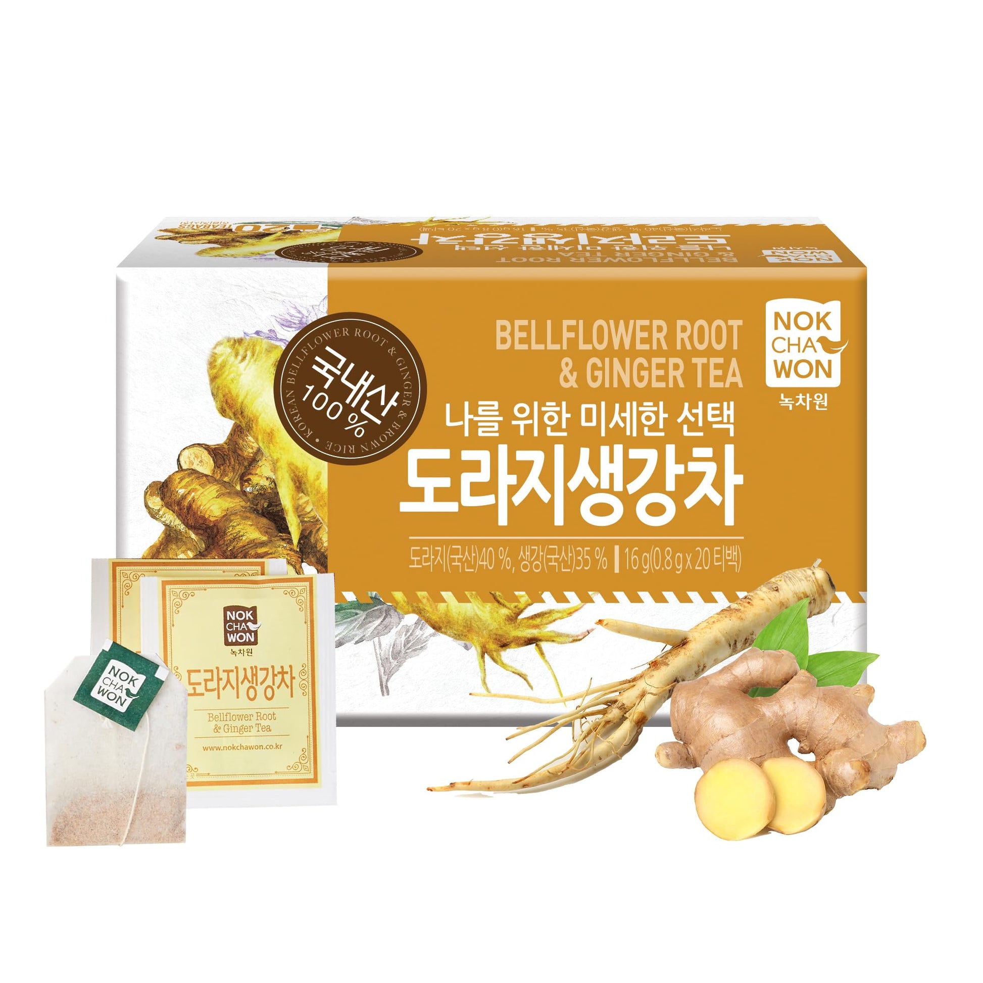 Nokchawon Bellflower Root Ginger Tea, Caffeine Free Herbal Tea, 20 Count Tea Bags, 0.56oz (16g)