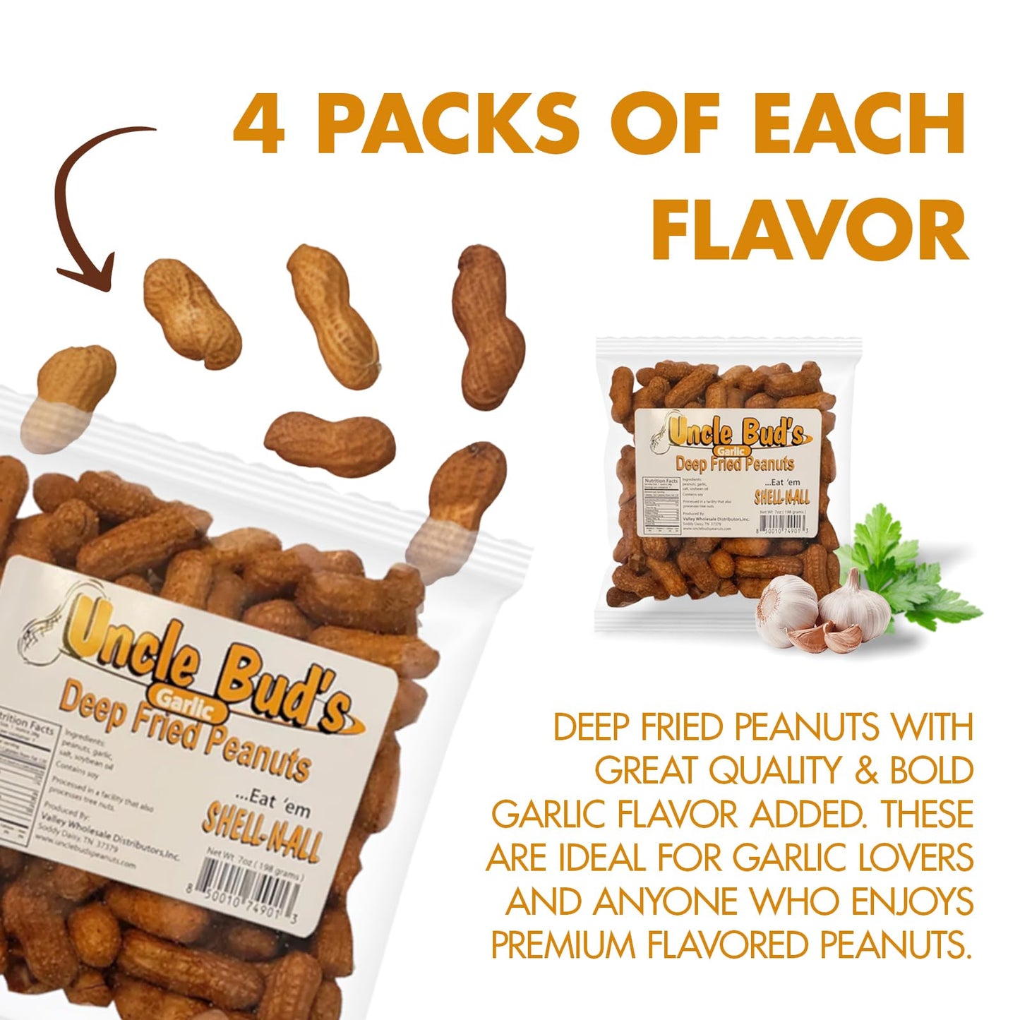 Jerky-n-Spice Uncle Buds Deep Fried Peanuts In Shell 4-Pack | Crunchy Garlic, Hot & Spicy, Organic, Salted Peanut Snacks