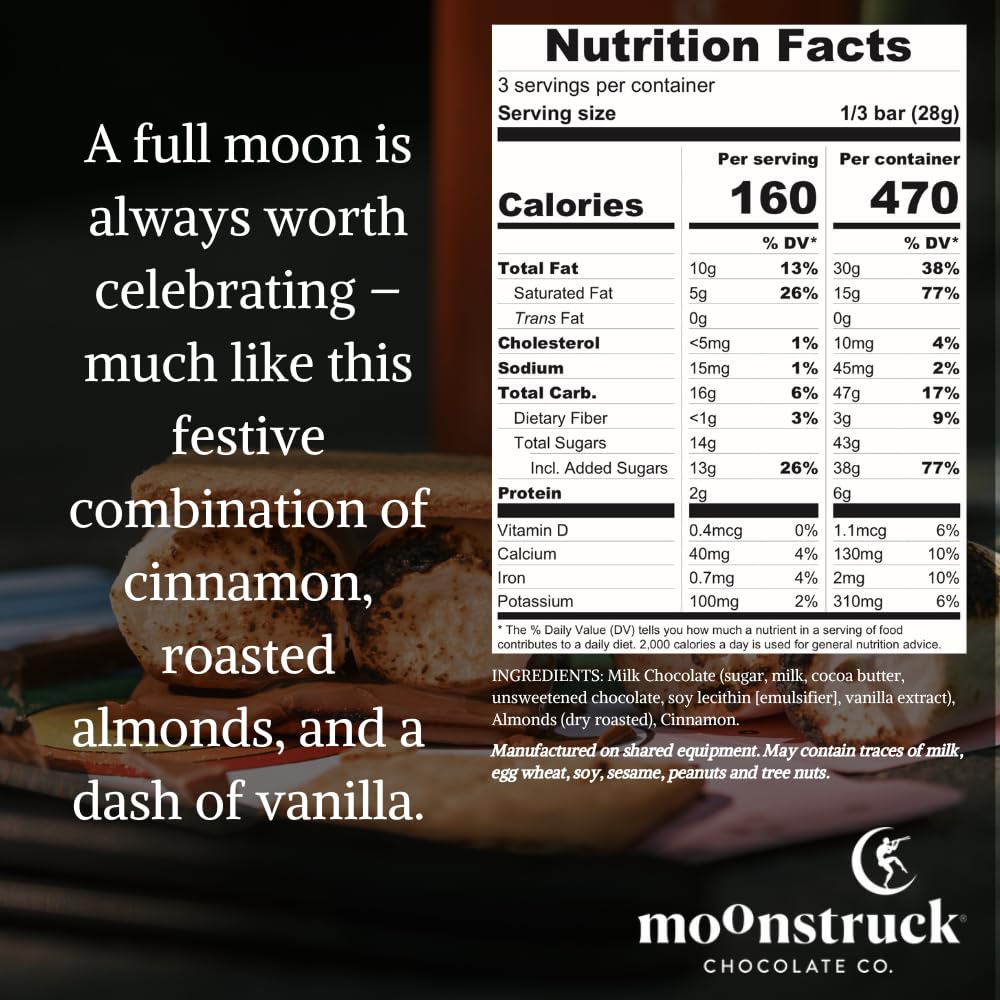 Moonstruck Chocolate Milk Chocolate Bar With Cinnamon Vanilla And Almond, 31% Cacao, 3.0Oz (Pack Of 4)