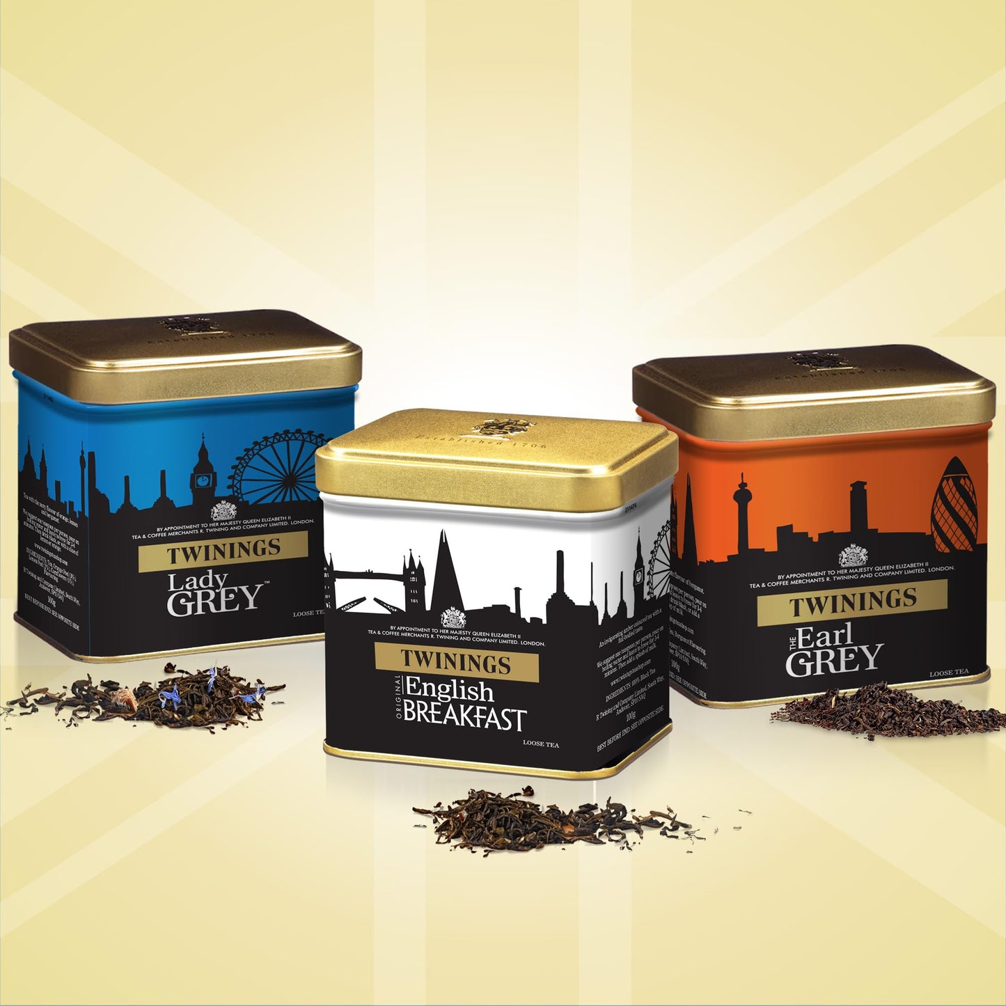 Twinings London Skyline Red, White, & Blue Commemorative Collection Of Loose Leaf Teas, Limited Edition Gift Set, 100G Tins (Pack Of 3), Original English Breakfast, The Earl Grey, & Lady Grey Tins