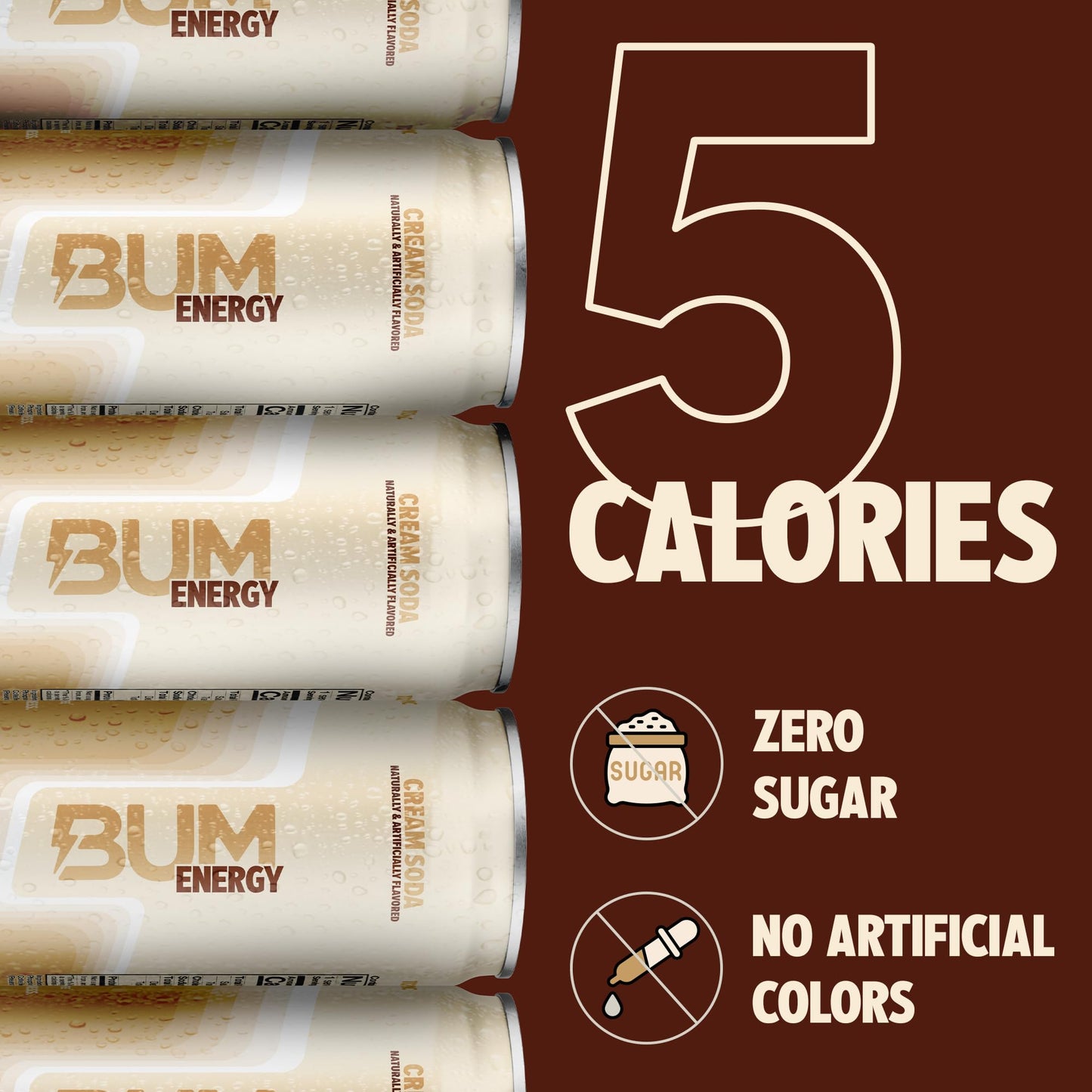 BUM Sugar-Free Energy Drink  Cream Soda - Lightly Carbonated & No Artificial Colors  Natural Caffeine & Citicoline for Energy & Focus  Brain Boost & Workout Sports Beverage - 12 oz  Pack of 12