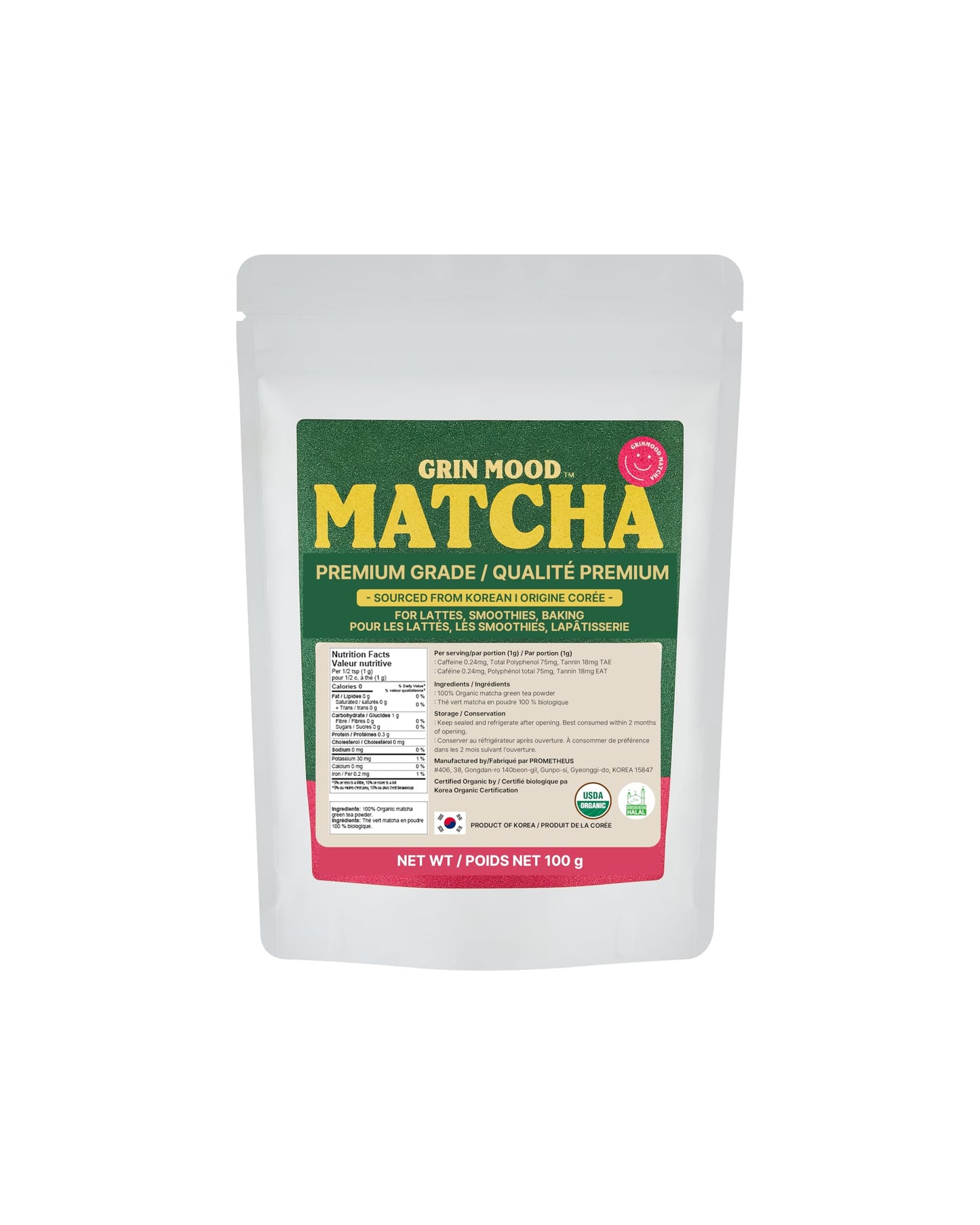 Grin Mood Matcha Powder - Organic Green Tea Powder - Decaffeinated Green Tea, Authentic Korean Matcha, Halal (3.53Oz, Enhanced Grade)
