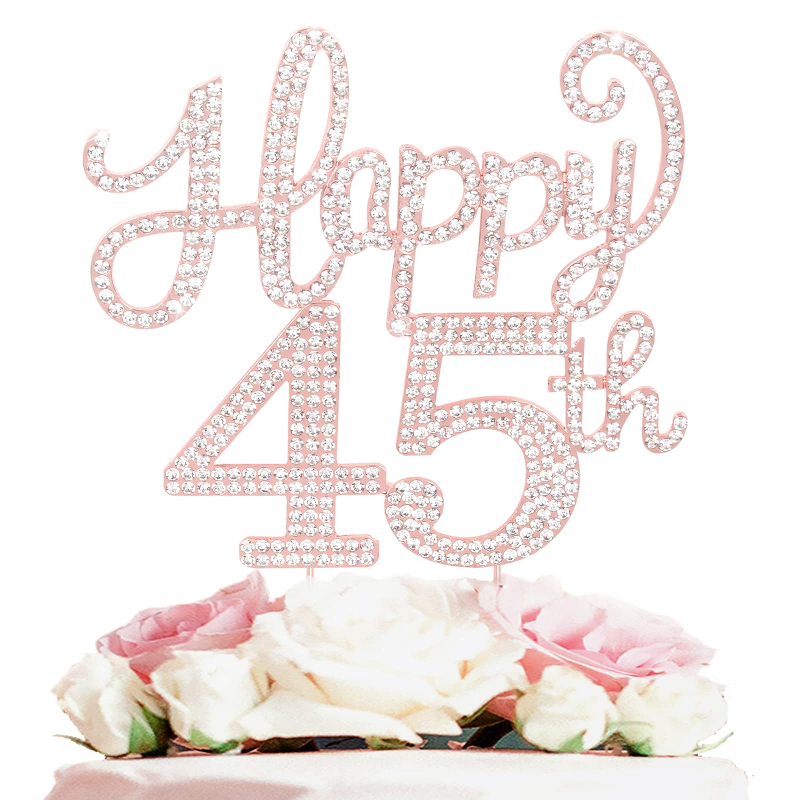 Happy 45Th Birthday Rose Gold Rhinestone Cake Topper - 45Th Birthdayanniversary,Cheers To 45 Years Old Bday Party Metal Sparkly