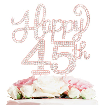 Happy 45Th Birthday Rose Gold Rhinestone Cake Topper - 45Th Birthdayanniversary,Cheers To 45 Years Old Bday Party Metal Sparkly