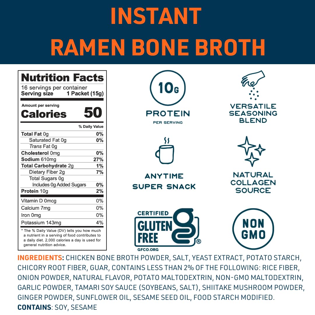 Bare Bones Bone Broth Instant Powdered Beverage Mix, Ramen, Pack Of 16, 15G Sticks, 10G Protein, Keto & Paleo Friendly, Non-Gmo,