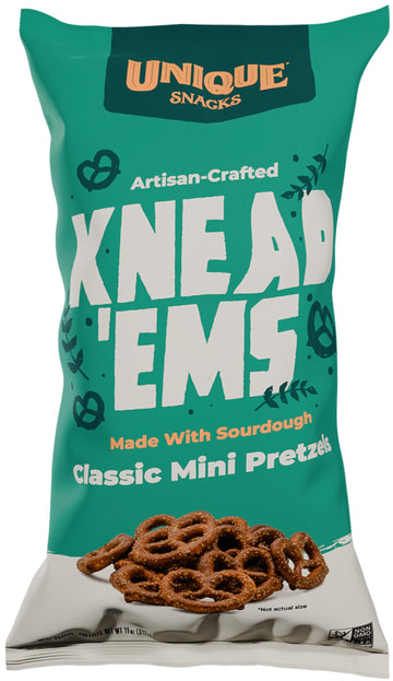 Unique Snacks Knead 'Ems, Sourdough Mini Pretzels, Artisan-Crafted Vegan Snacks, Non-GMO, Kosher Chips, 11 oz. Snack Bags, Pack 