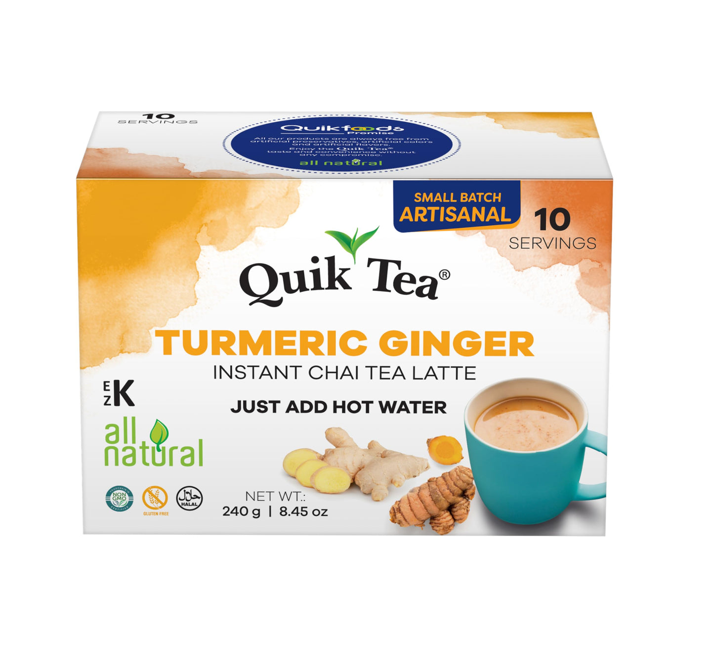 QuikTea Turmeric Ginger Chai Tea Latte - 10 Count Single Box - All Natural Preservative Free Authentic Instant Chai from Assam