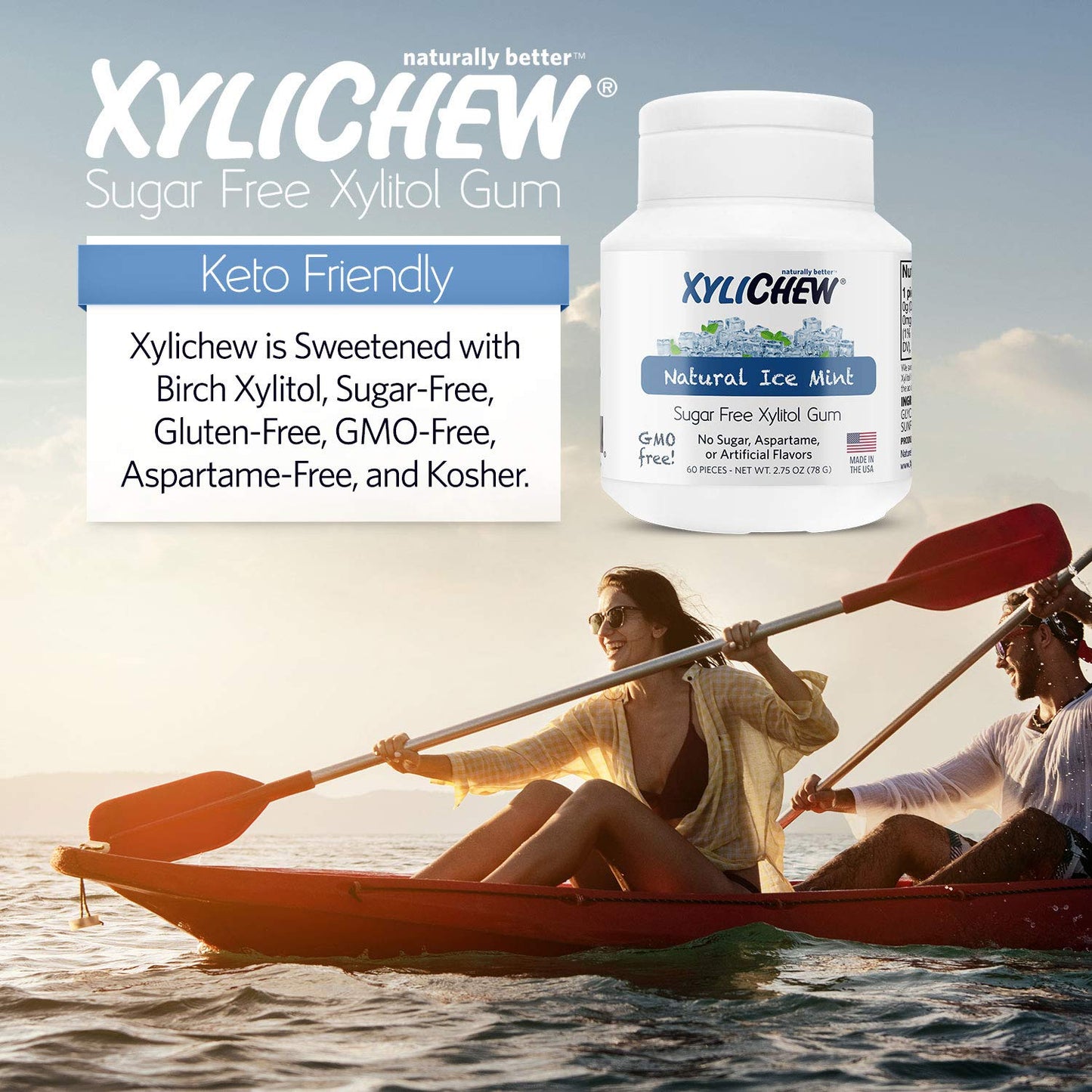 Xylichew Xylitol Chewing Gum - Sugar Free, Non-GMO, Ice Mint, 60 Count