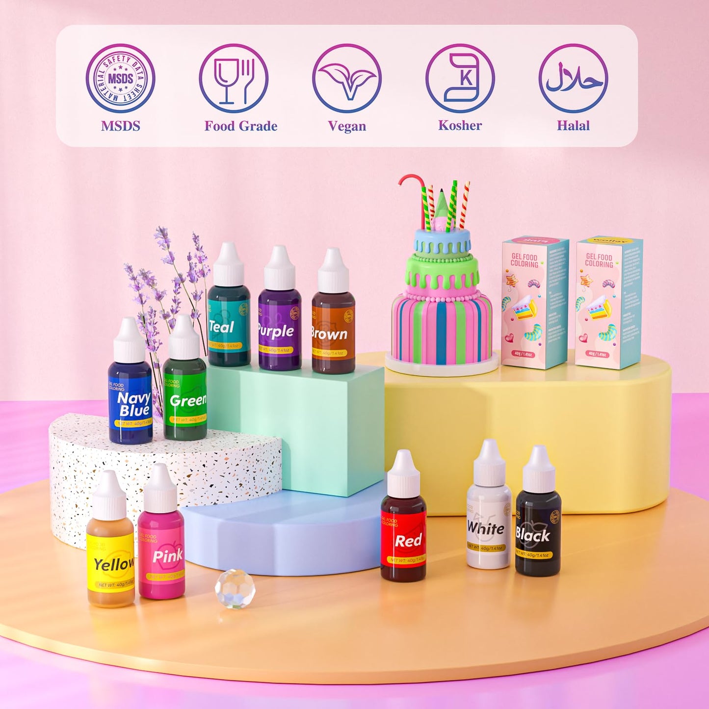 Gel Food Coloring For Cake Decorating - 40G Concentrated Assorted Edible Colors - Vibrant Tasteless Food Dye Professional-Grade Dye For Easter Eggs Fondant Cookies Frosting Royal Icing Baking - White