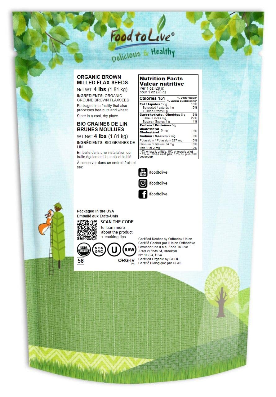 Food to Live Organic Brown Flaxseed Meal, 4 Pounds - Non-GMO, Kosher, Cold-Milled from Raw Whole Seeds, Pure Powder, Vegan Super