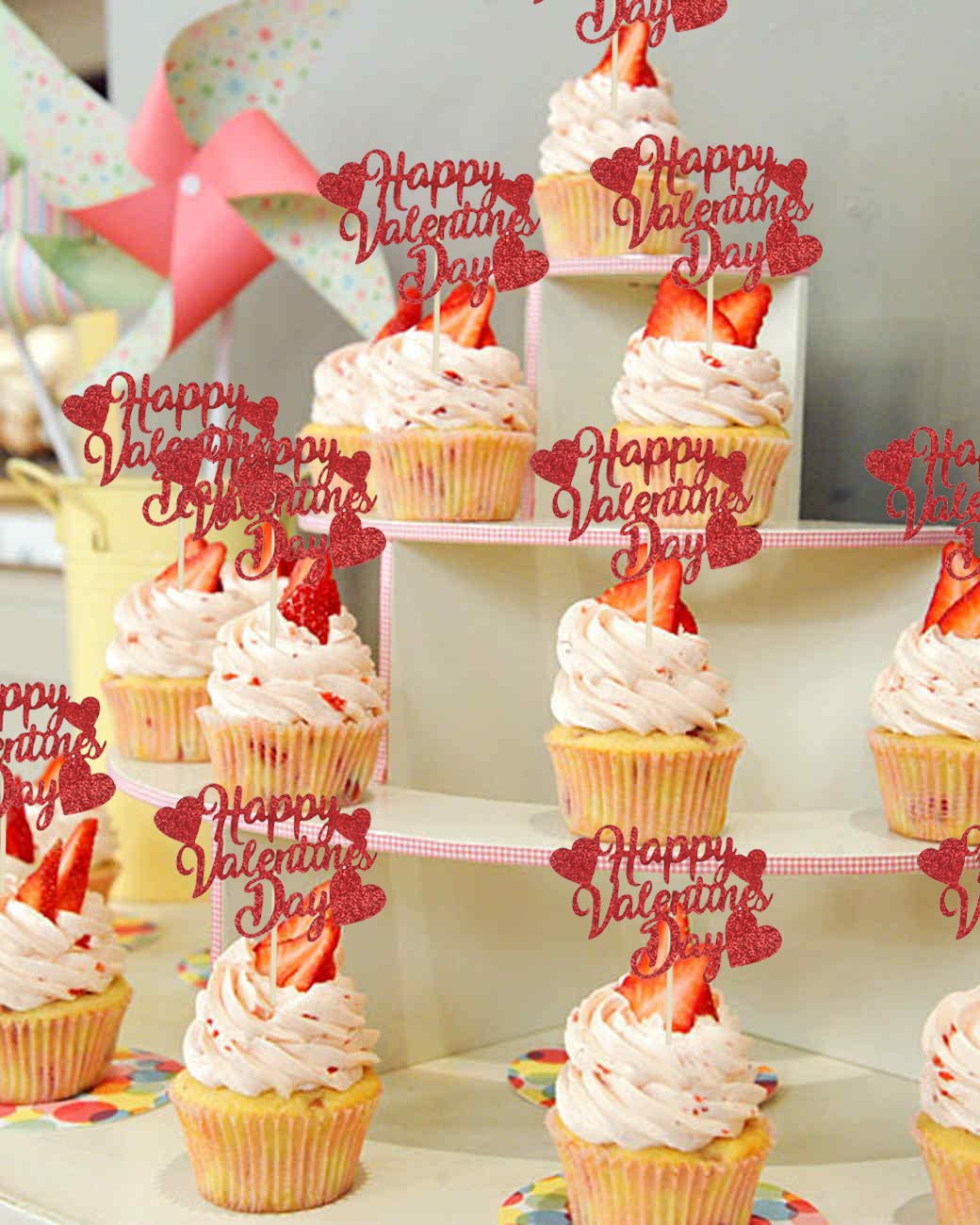 40Pcs Valentines Day Cupcake Toppers Decorations, Red Glitter Happy Valentines Day Cupcake Toppers For Valentine'S Day Decoratio