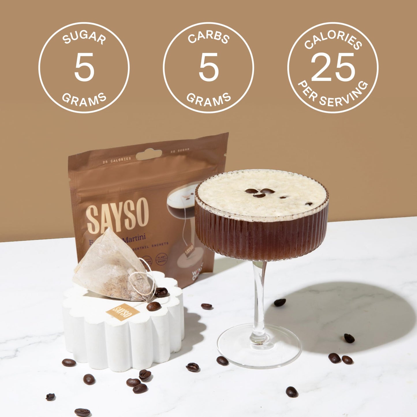 SAYSO Espresso Martini Instant Cocktail Tea Bags, 8 Count, Infuses with Cold Water & Spirits, Low Calorie, Perfect for Cocktails or Mocktails