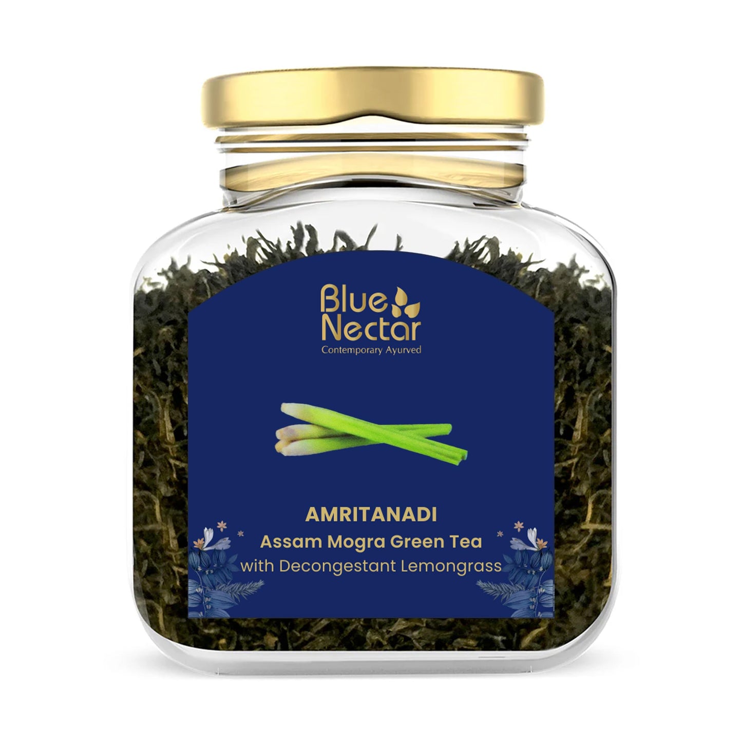 Blue Nectar Green Tea Leaves with Decongestant Lemongrass | Loose Green Leaves Sourced from Assam | Reusable Glass Jar (50 gm + 