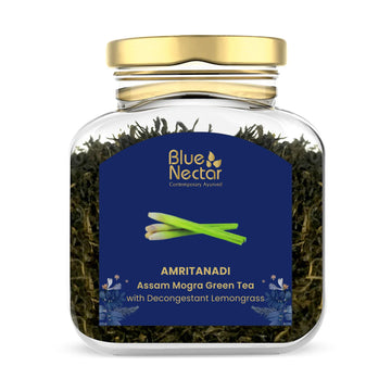 Blue Nectar Green Tea Leaves with Decongestant Lemongrass | Loose Green Leaves Sourced from Assam | Reusable Glass Jar (50 gm + 