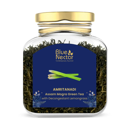 Blue Nectar Green Tea Leaves with Decongestant Lemongrass | Loose Green Leaves Sourced from Assam | Reusable Glass Jar (50 gm + 