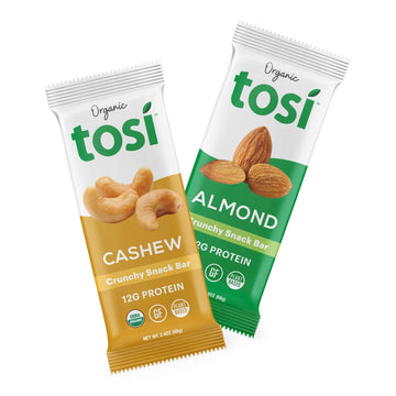Tosi Almond And Cashew Protein Bars Combo, Plant Based With Nuts, Gluten-Free Crunchy Snacks, Vegan, Organic, Flax & Chia Seeds,
