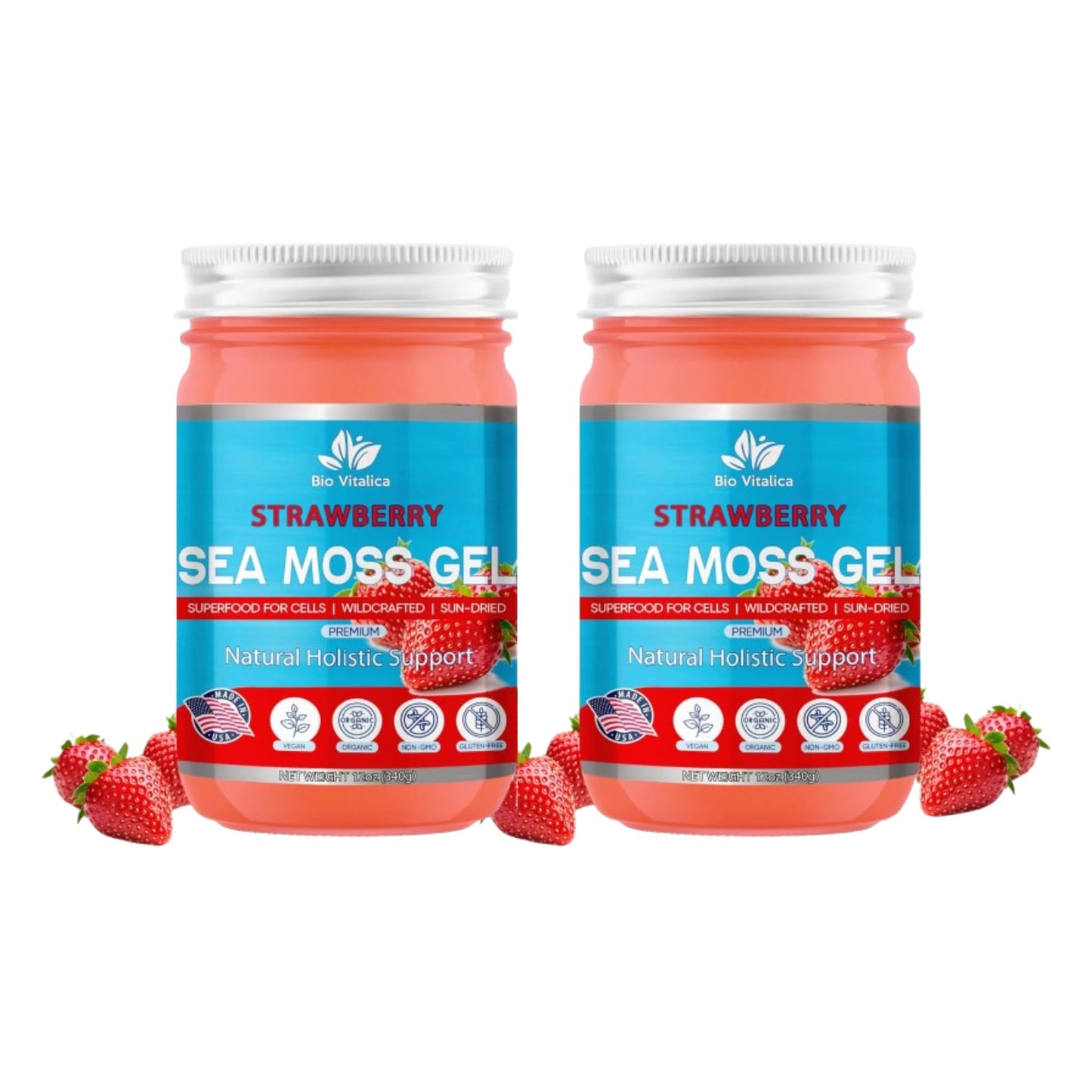BIO VITALICA Sea Moss Gel - Organic Irish Sea Moss, Vegan Superfood - 12 Ounce (Pack of 2), Strawberry Flavor