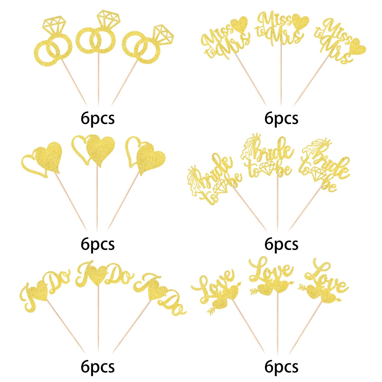 YCTHUNFISH Bridal Shower Cupcake Toppers, 36 Pack Glitter Diamond Ring Picks, Gold, Bamboo