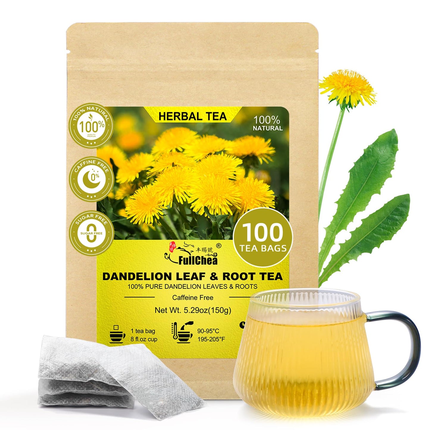FullChea - Dandelion Leaf & Root Tea Bags  100 Teabags  1.5g/bag - Natural Dandelion Herbal Tea for Liver & Kidney Health - Non-GMO - Caffeine-free - Support Digestion & Boost Immune System