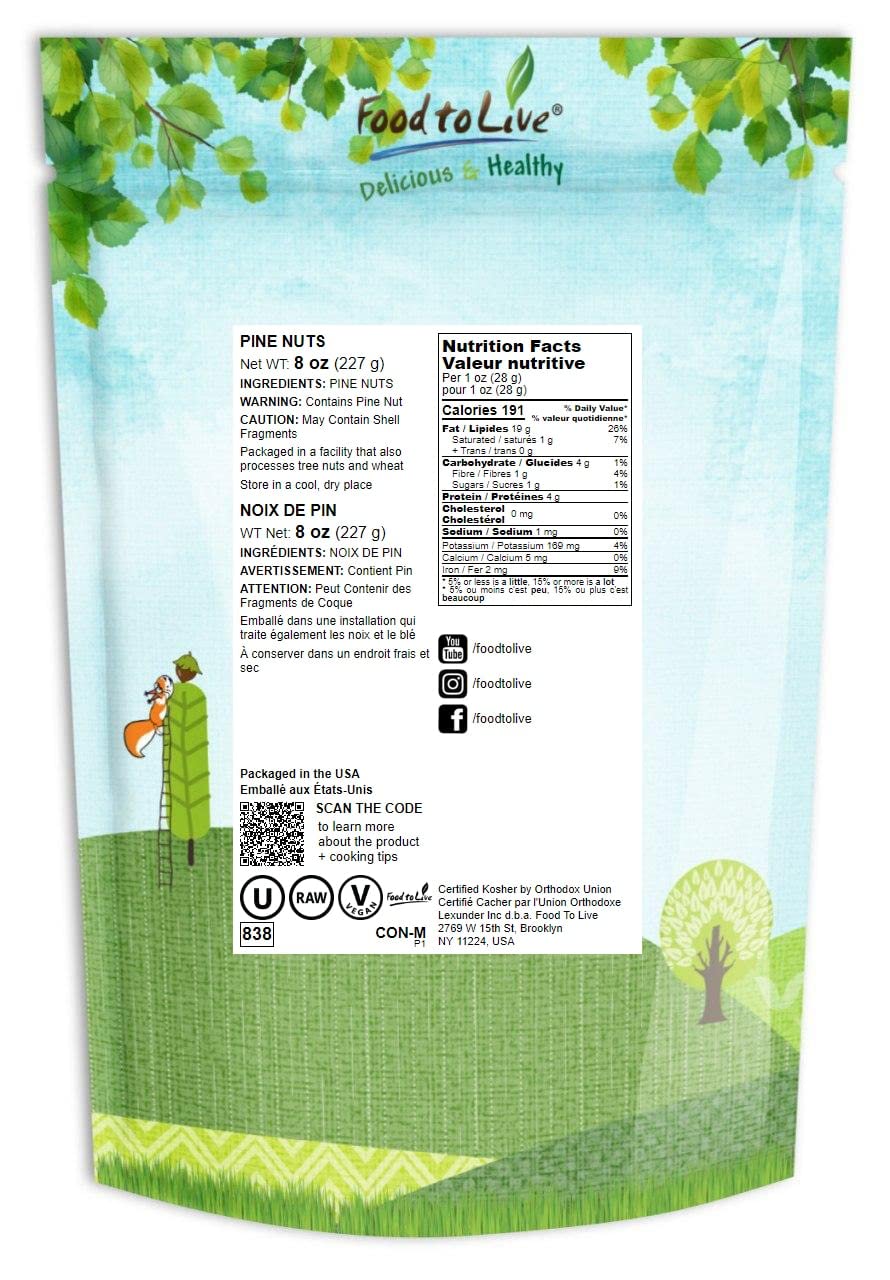 Food To Live - Pine Nuts, 8 Ounces - Whole Raw Pignolias, Unsalted, Kosher. Rich In Vitamin E, Protein. Great For Pesto, Salads, Homemade Desserts.