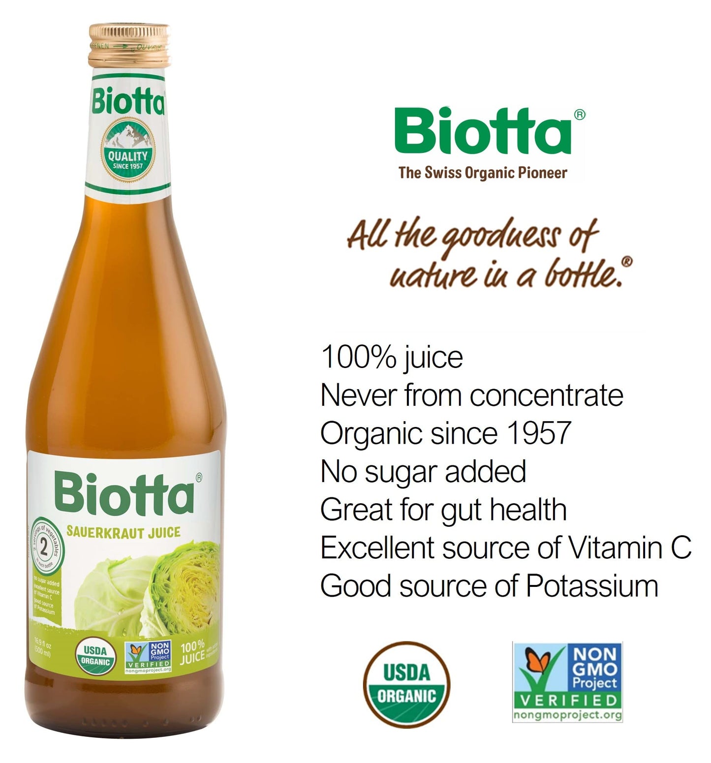 Biotta Organic Sauerkraut Juice - 100% Fermented White Cabbage Juice - Superfood For Optimal Gut Health & Digestion - Excellent Source of Vitamin C & Good Source of Potassium (16.9 Fl Oz  Pk of 6)