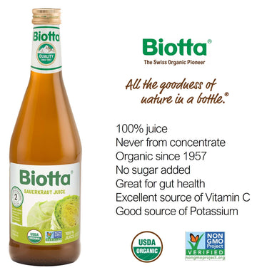 Biotta Organic Sauerkraut Juice - 100% Fermented White Cabbage Juice - Superfood For Optimal Gut Health & Digestion - Excellent Source of Vitamin C & Good Source of Potassium (16.9 Fl Oz  Pk of 6)