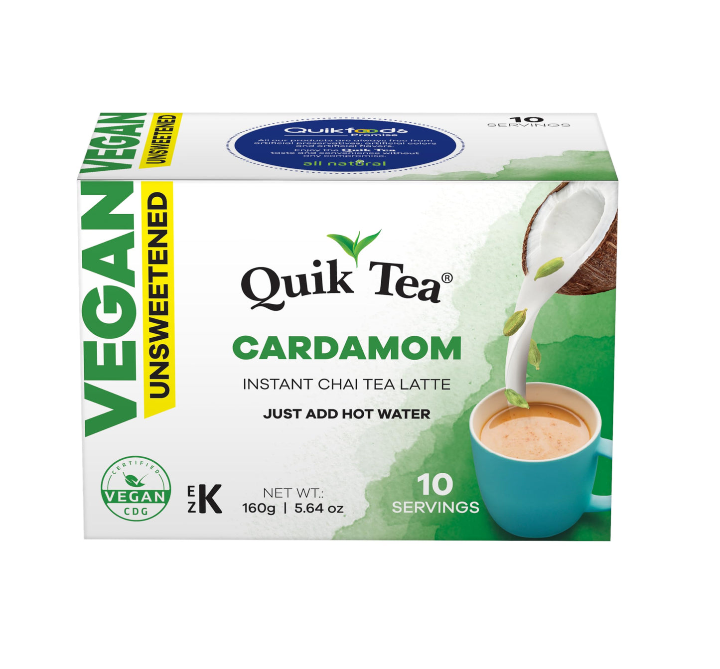 Quik Tea Instant Chai Tea Latte - Vegan, Unsweetened, Cardamom Flavor - 10 Count Box - 5.64 Ounce