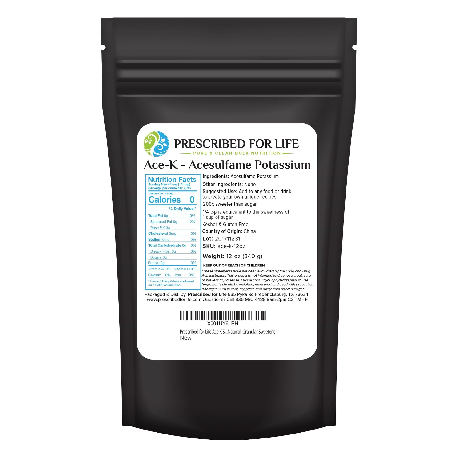 Prescribed For Life Acesulfame Potassium Powder, Zero Calorie Sweetener, 12oz (340g), Granular, Kosher, 200x Sweeter than Sugar
