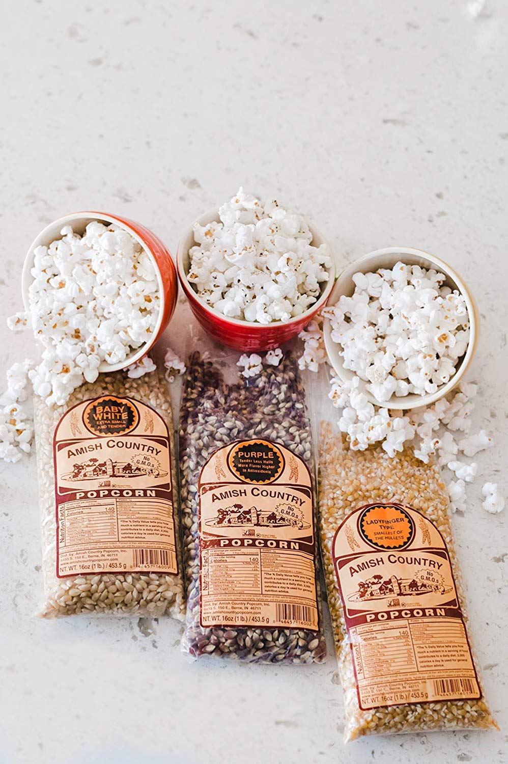 Amish Country Popcorn | Variety Bundles - 3 (1 Lb Bags - Baby White, Ladyfinger, Purple Kernels) | Old Fashioned, Non-GMO and Gl