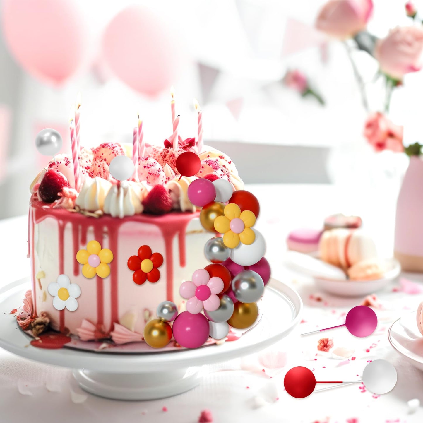 Bouiexye 61 Pcs Boho Cake Topper Balls Decorations Mini Balloon Retro Hippie Daisy Flower Acrylic Cake Topper For Birthday Party