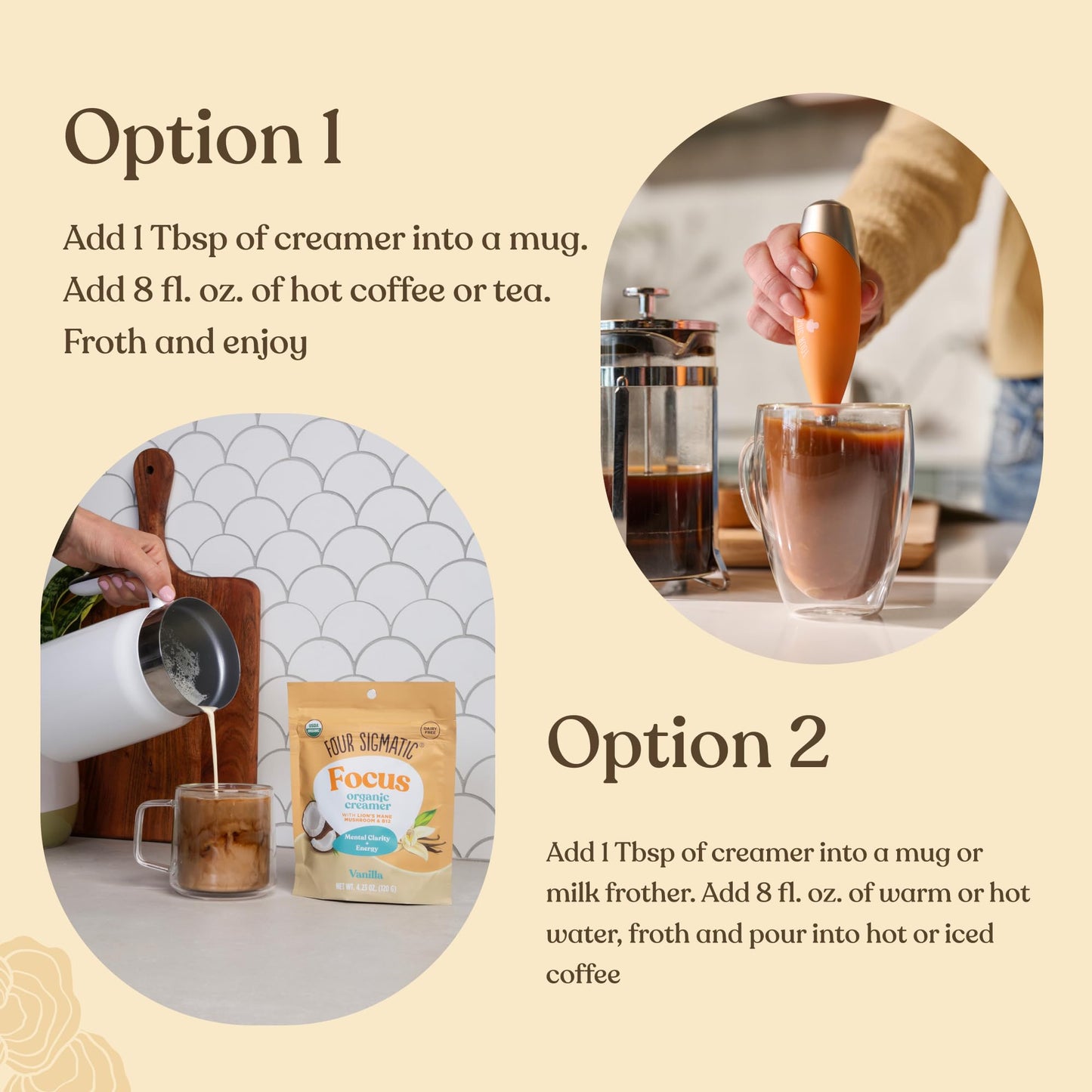 Four Sigmatic Focus Vanilla Coffee Creamer | Organic Non Dairy Coffee Creamer with Lions Mane and Vitamin B12 | Vanilla, 4.23 oz