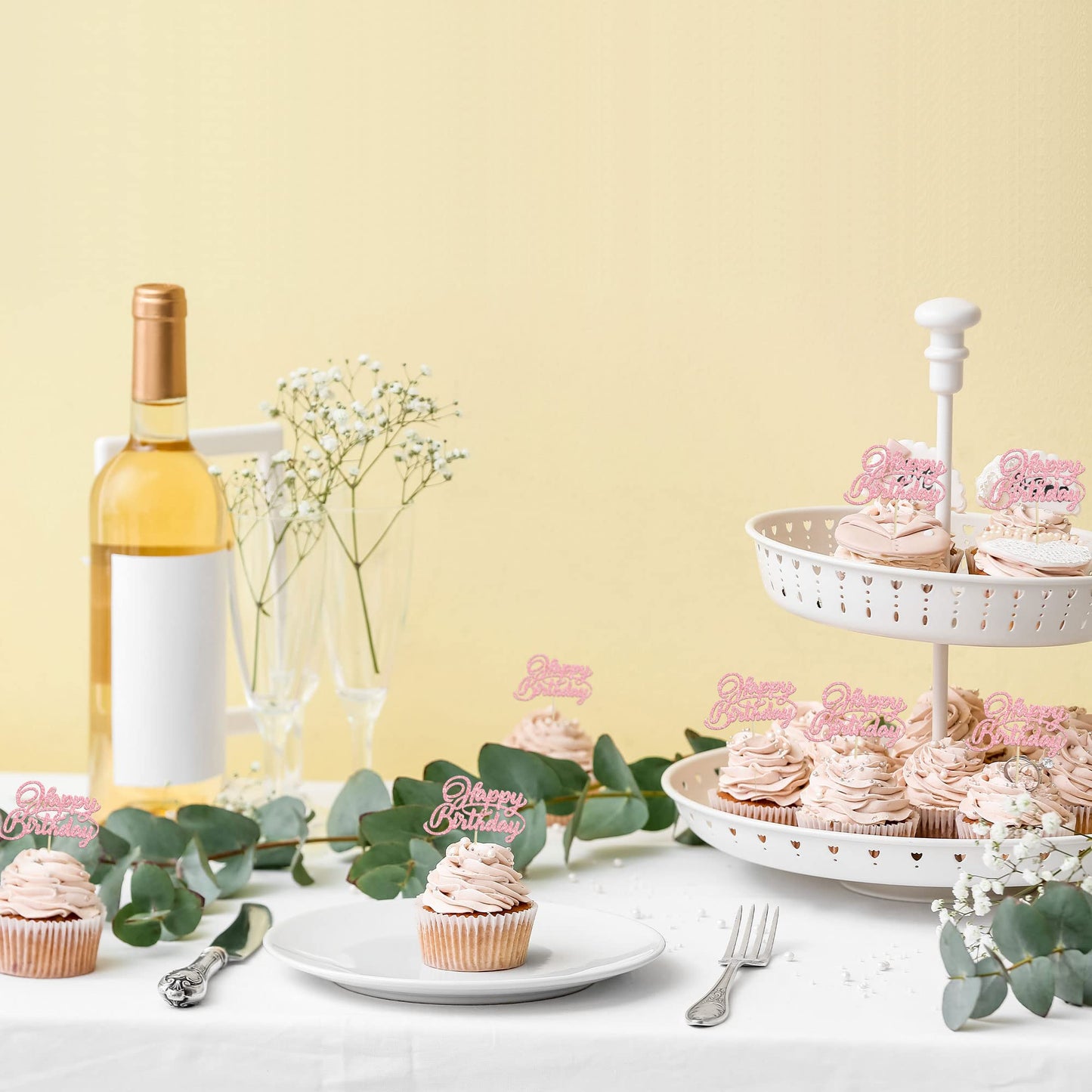 24Pcs Happy Birthday Cupcake Toppers Pink Glitter Birthday Cupcake Food Picks For Celebrating Happy Birthday Party Cake Decorati