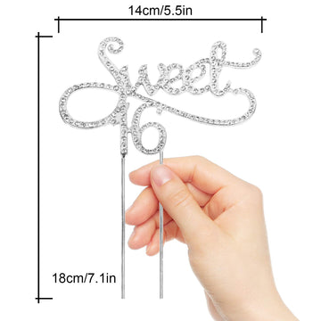 Sweet 16 Cake Topper for 16 Years Birthday Or 16th Wedding Anniversary Crystal Rhinestone Party Decoration Silver