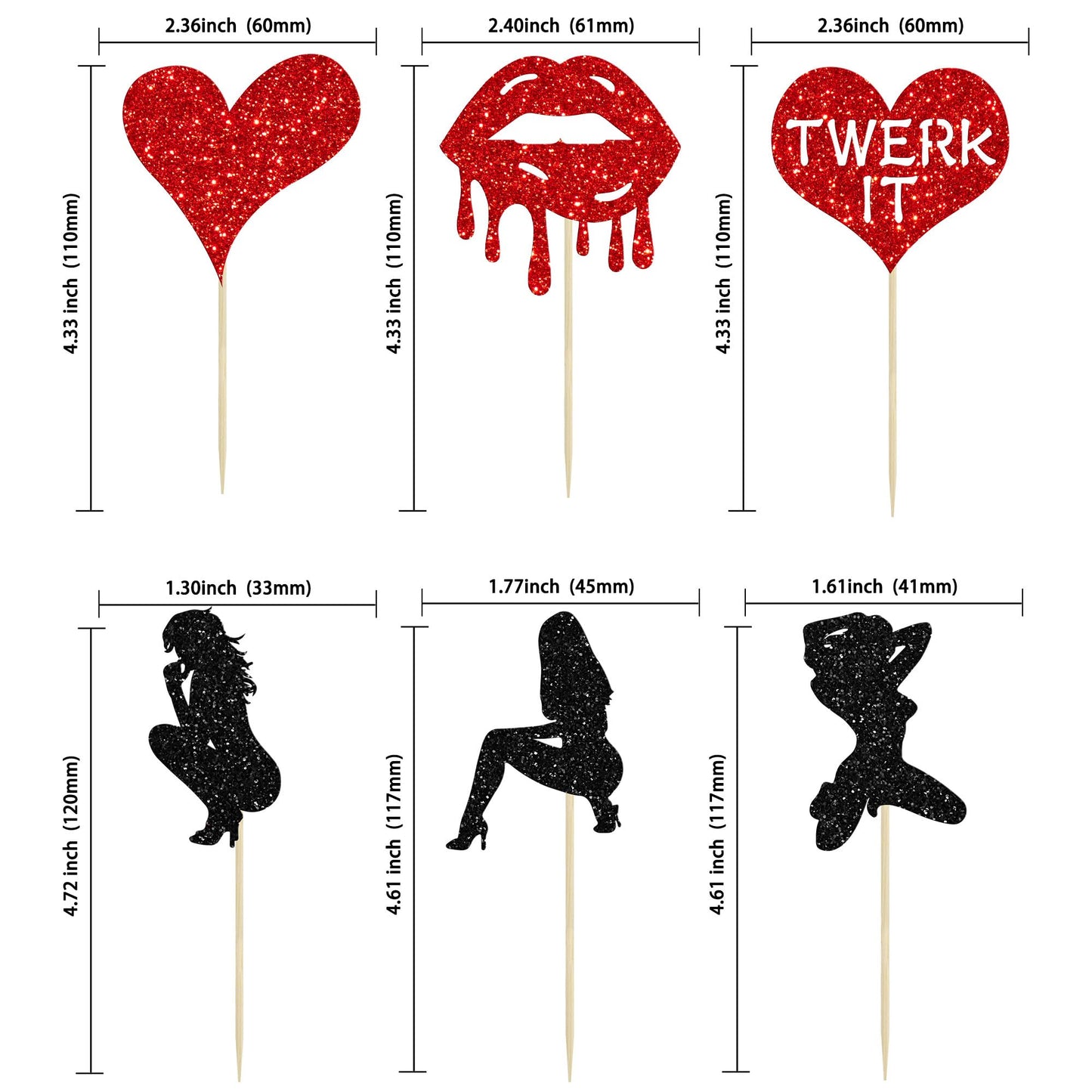 Gyufise 24 Pack Valentines Day Cupcake Toppers Glitter Bachelorette Party Twerk Heart Lipstick Cupcake Food Fruit Picks Bachelor