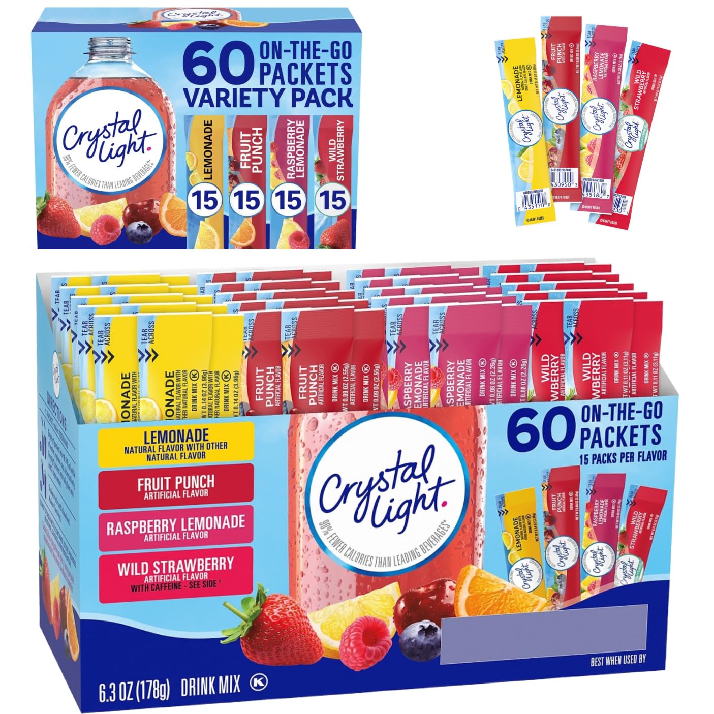 Galley Grove Crystal Light Water Flavoring Enhancer Variety Pack, 120 Drink Mix Packets, 6.3 oz (Pack of 2) - Lemonade, Fruit Punch, Raspberry Lemon,