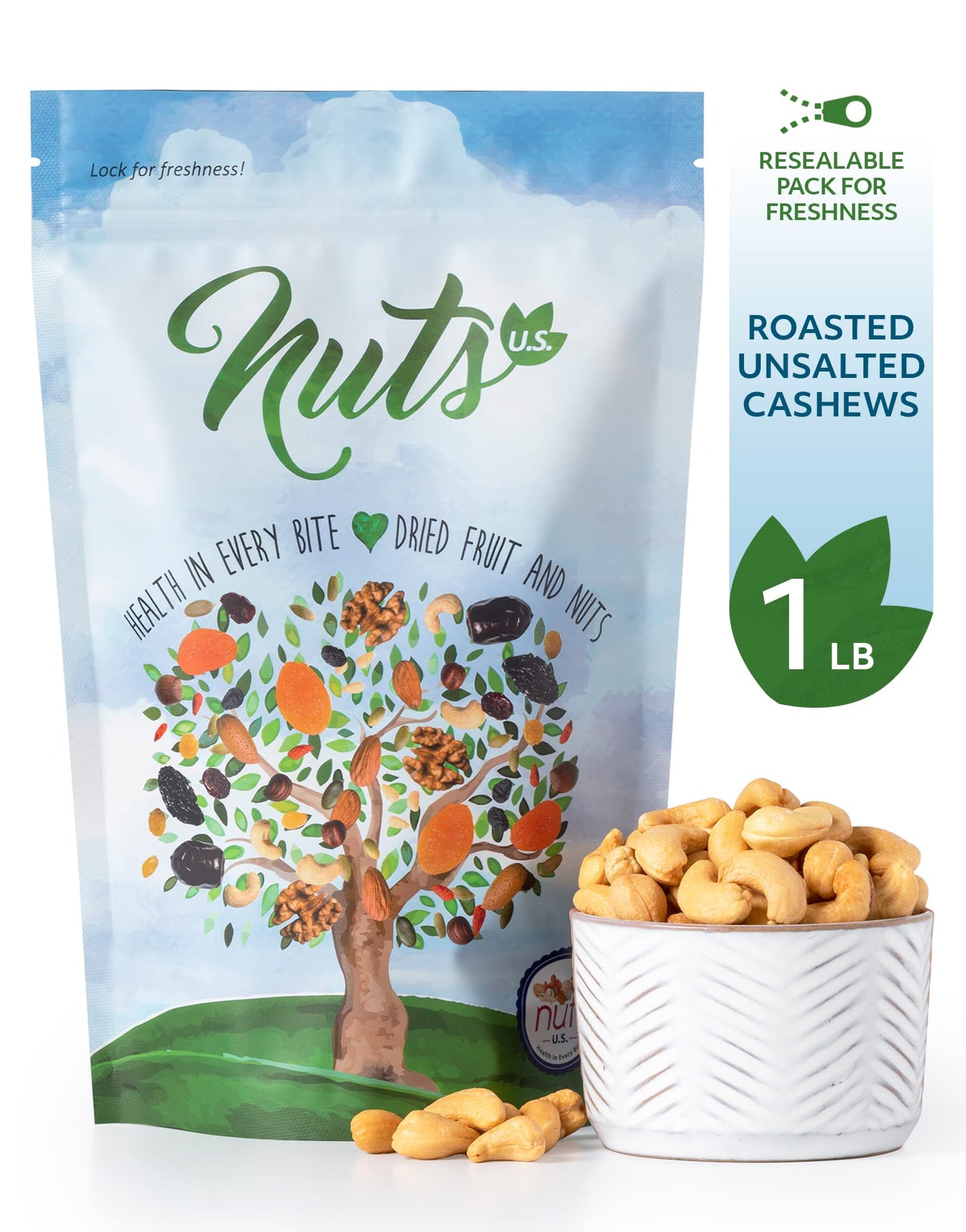 NUTS - U.S. Roasted Unsalted Cashews, Whole Kernels & Pieces, 1 LB