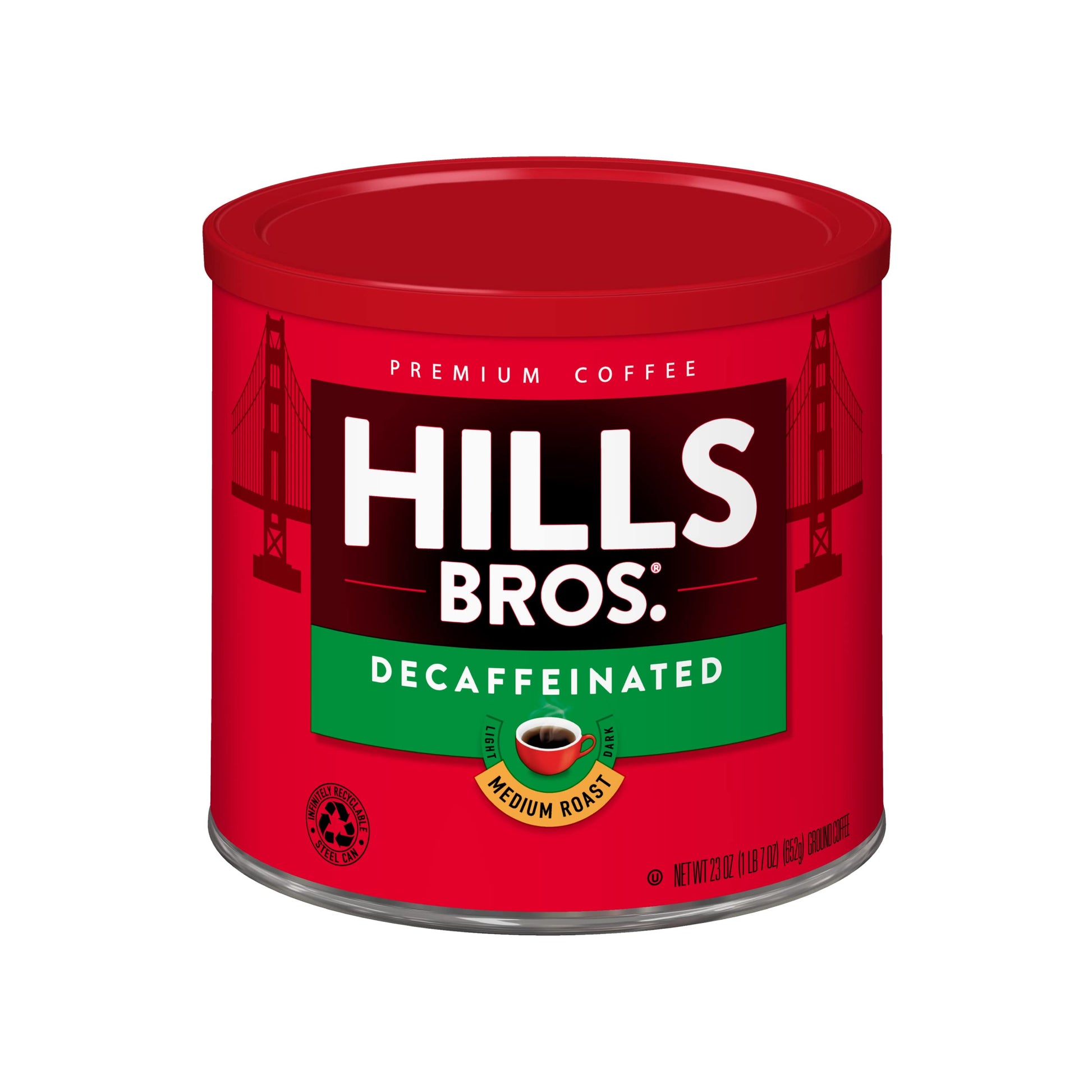 Hills Bros Decaf Original Blend Ground Coffee, Medium Roast, Caffeine Free, 23 Oz