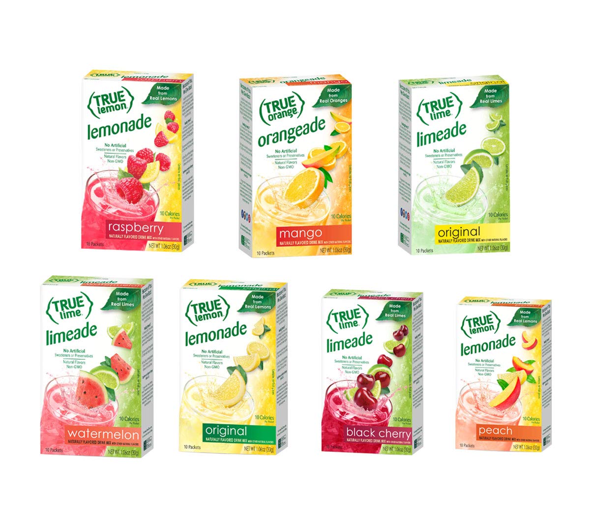 True Lemon STRAWBERRY, WILDBERRY, LIMEADE, WATERMELON, BLACK CHERRY, MANGO ORANGE, PEACH, LEMONADE, RASPBERRY 10ct each box. Cit