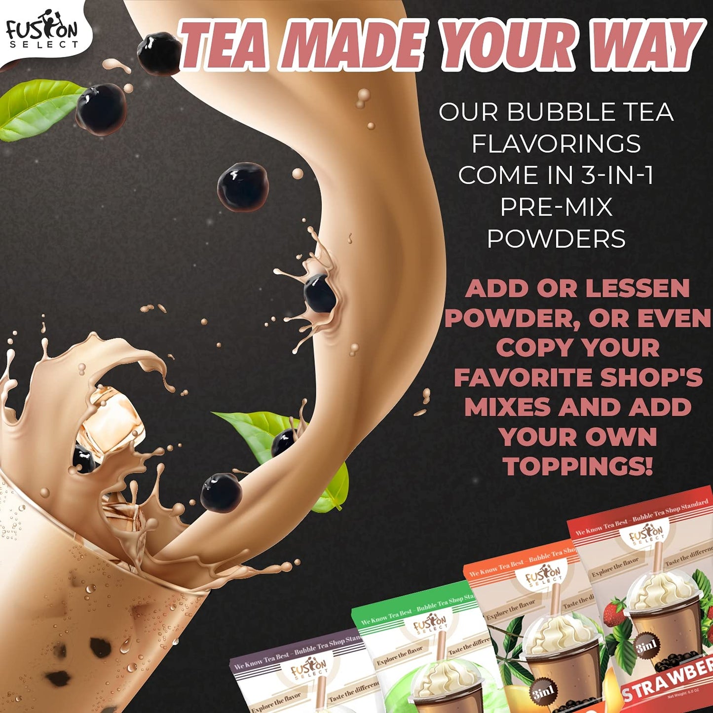 Fusion Select Strawberry Milk Tea Bubble Tea Mix - Boba Tea Flavored 3-in-1 Drink Powder with Cream & Sugar - Instant Pre-Mixed